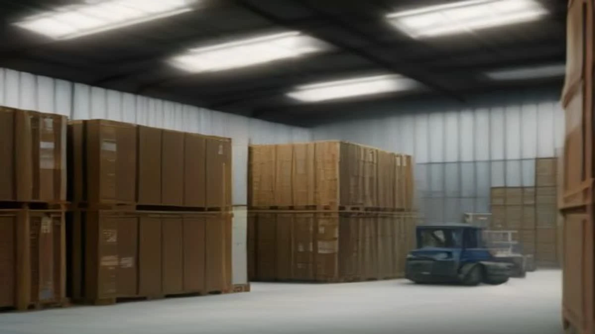 over-the-shoulder view of a wide shot of loading docks with containers and a forklift in motion — illustrative photograph for this article